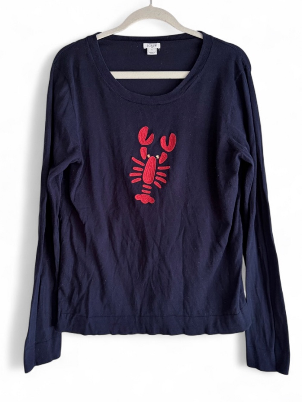 J. Crew 100% Cotton Navy Blue Embroidered Lobster Sweater Size XL